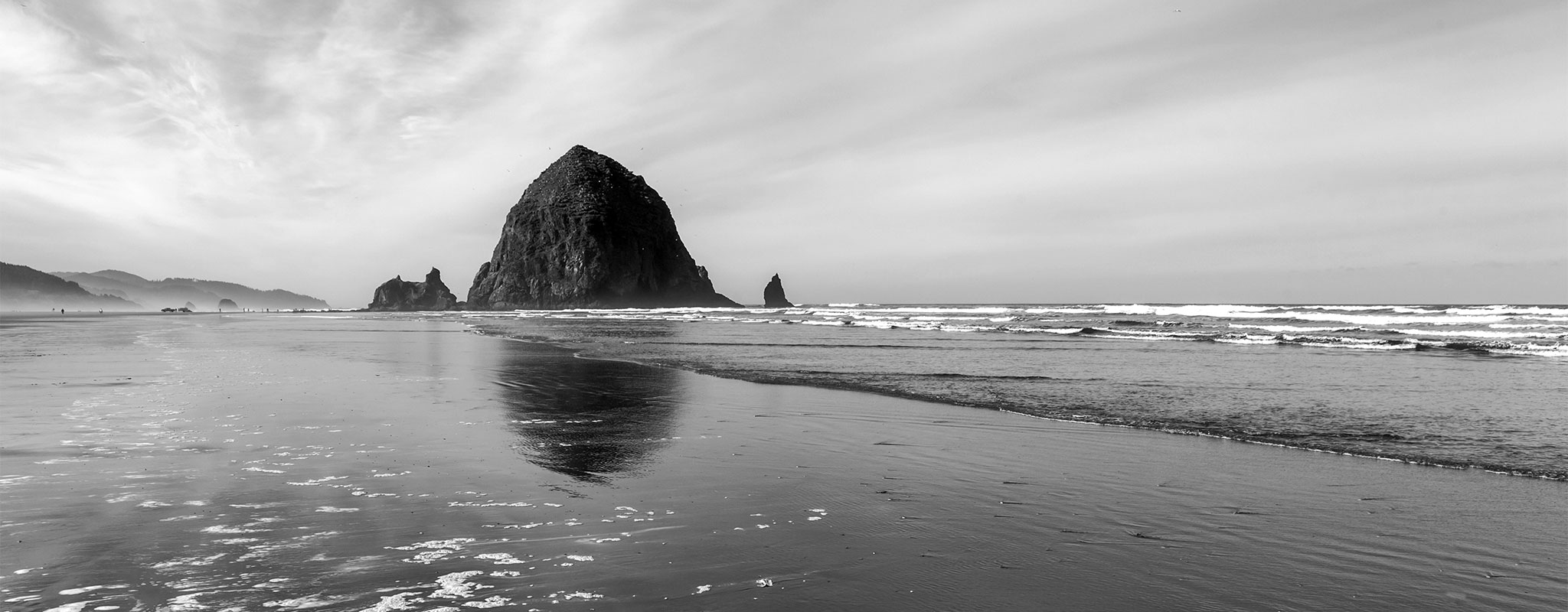 Black and white image of Haystack Rock